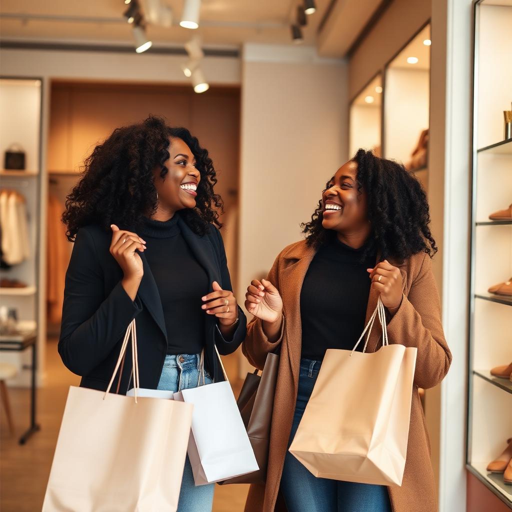Two friends laughing while shopping in the boutique
