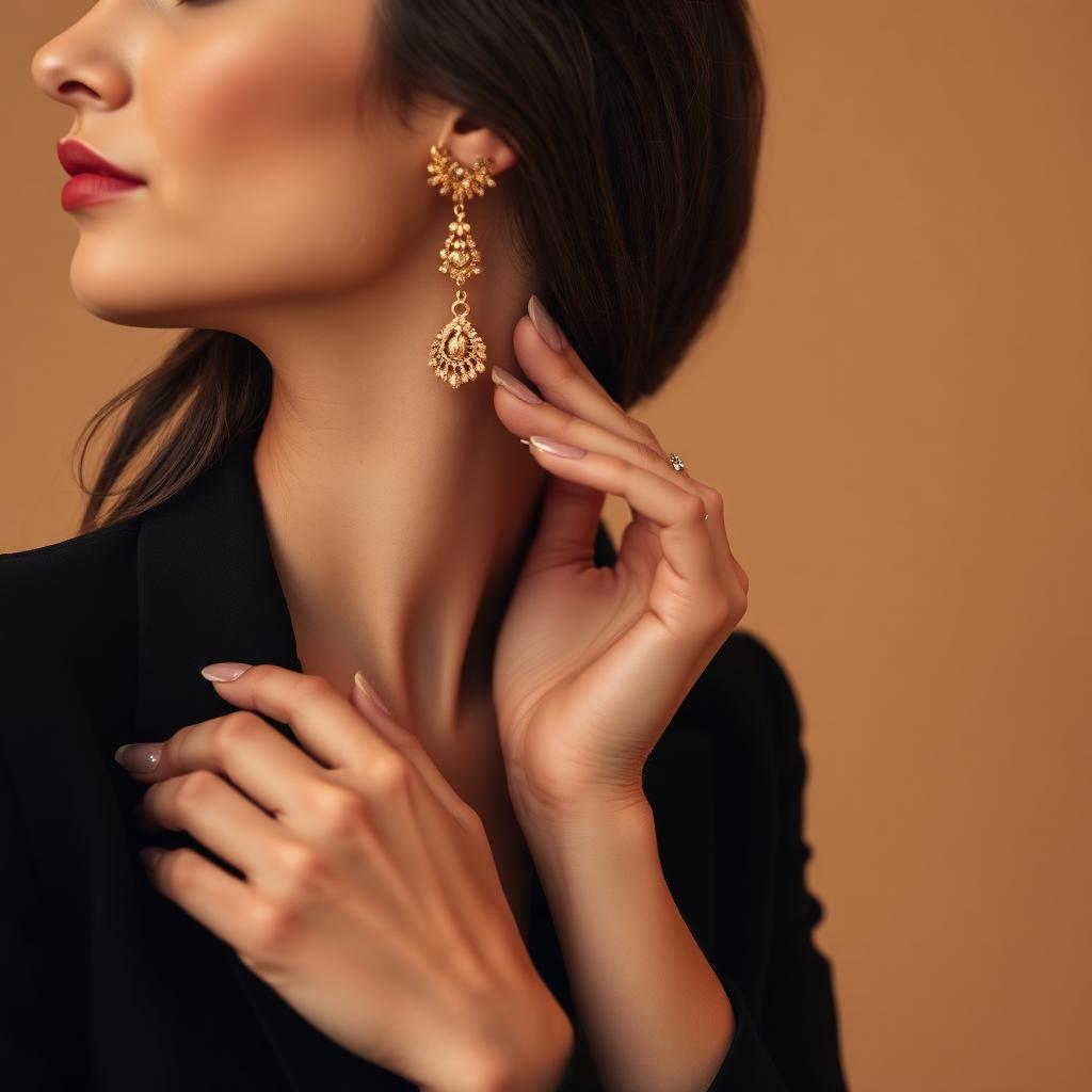 Close-up of gold statement earrings
